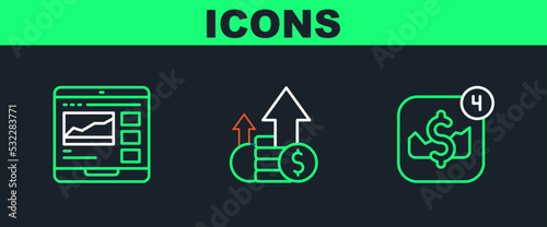 Set line Mobile stock trading, Trading courses and Financial growth and coin icon. Vector