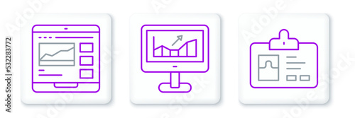 Set line Identification badge, Trading courses and Computer with growth graph icon. Vector