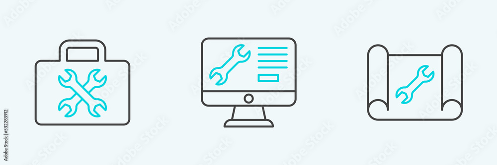 Set line Graphing paper and wrench, Toolbox and Computer monitor service icon. Vector Set line Graphing paper and wrench, Toolbox and Computer monitor service icon. Vector