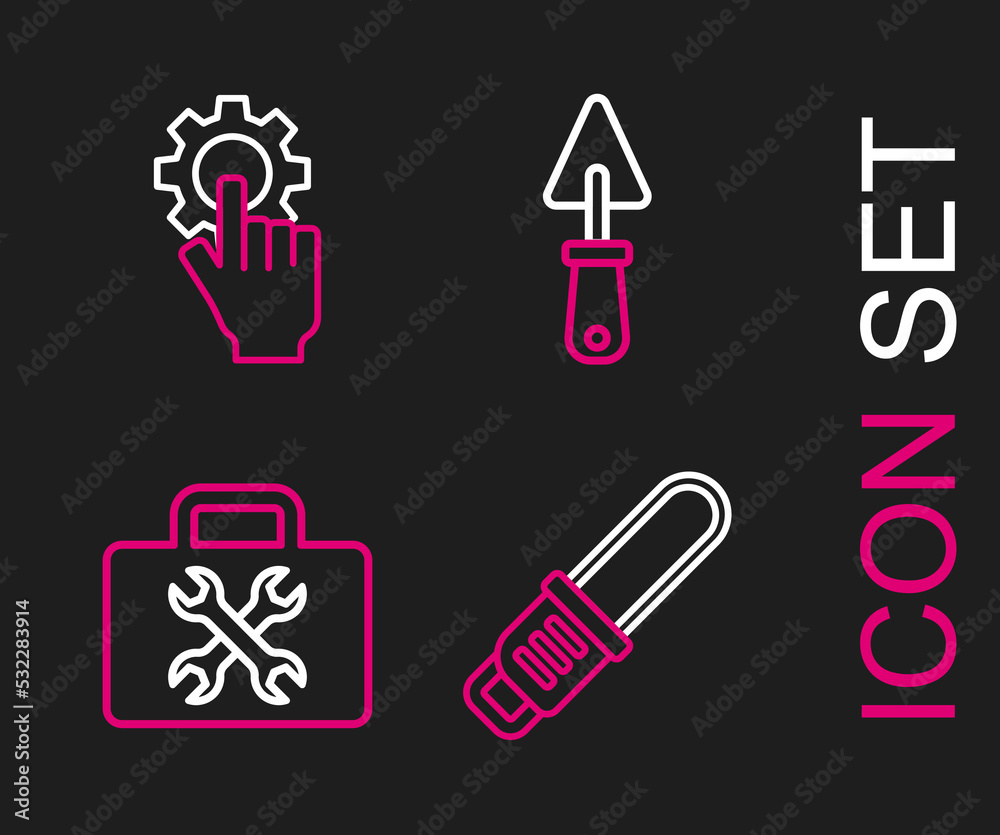 Set line Chainsaw, Toolbox, Trowel and Settings the hand icon. Vector Set line Chainsaw, Toolbox, Trowel and Settings the hand icon. Vector