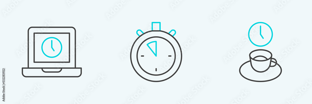 Set line Coffee time, Laptop and Stopwatch icon. Vector Set line Coffee time, Laptop and Stopwatch icon. Vector