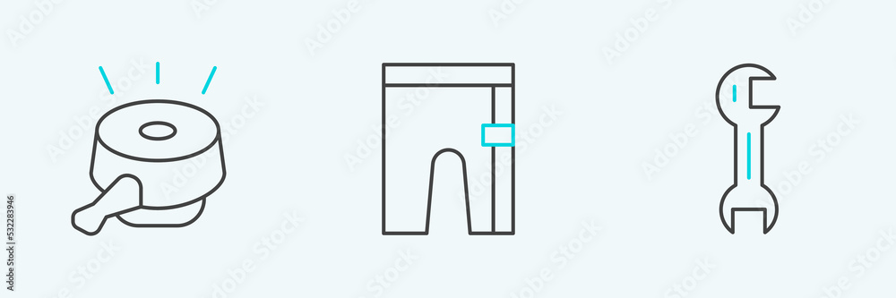 Set line Wrench spanner, Bicycle bell and Cycling shorts icon. Vector