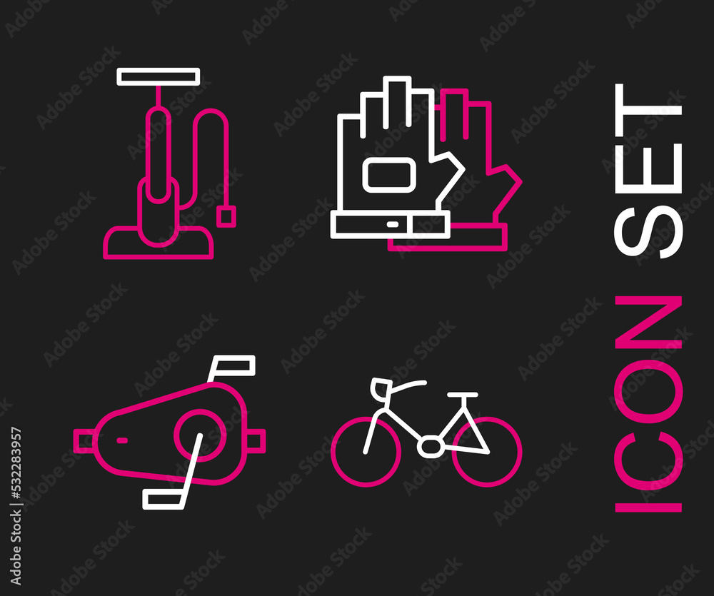 Set line Bicycle, pedals, Gloves and air pump icon. Vector Set line Bicycle, pedals, Gloves and air pump icon. Vector