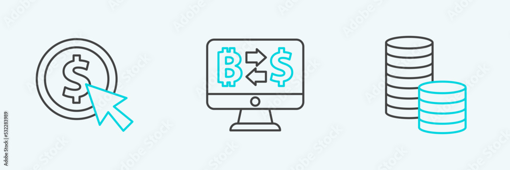 Set line Coin money with dollar, and Cryptocurrency exchange icon. Vector Set line Coin money with dollar, and Cryptocurrency exchange icon. Vector