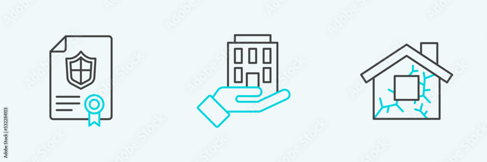 Set line House, Contract with shield and in hand icon. Vector Set line House, Contract with shield and in hand icon. Vector