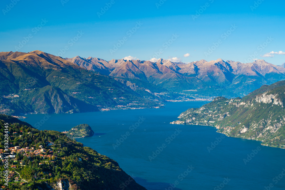 Panorama on Lake Como, photographed from the town of Barni, with Bellagio and all the mountains that overlook it.