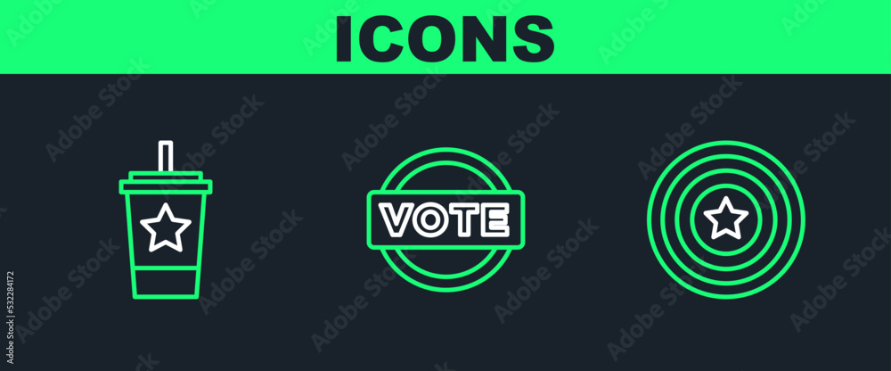 Set line American star shield, Paper glass with straw and Vote icon. Vector