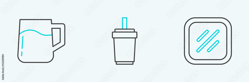 Set line Steak meat, Wooden beer mug and Paper glass with straw icon. Vector Set line Steak meat, Wooden beer mug and Paper glass with straw icon. Vector