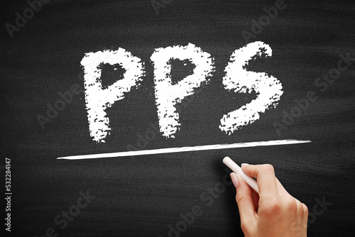 PPS Pay Per Sale - online advertisement pricing system where the website owner is paid on the basis of the number of sales that are directly generated by an advertisement, acronym text on blackboard