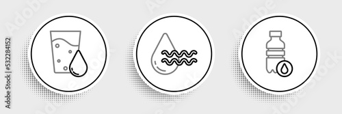 Set line Bottle of water, Glass with and Recycle clean aqua icon. Vector