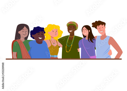 A group of men and women representing different cultures. The concept of racial equality and the fight against racism. Diversity of people and friendship. Vector illustration of people