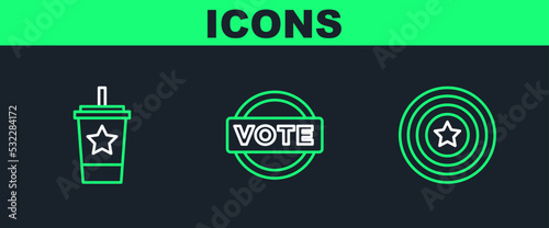 Set line American star shield, Paper glass with straw and Vote icon. Vector