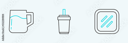 Set line Steak meat, Wooden beer mug and Paper glass with straw icon. Vector
