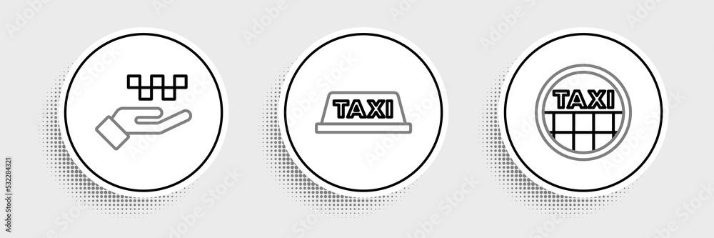 Set line Taxi car roof, Hand with taxi and icon. Vector Set line Taxi car roof, Hand with taxi and icon. Vector