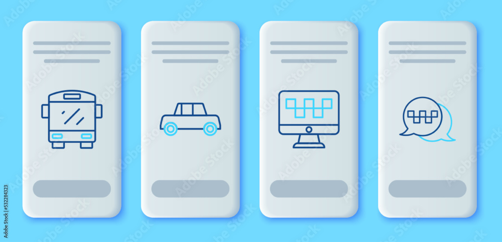 Set line Car, Computer call taxi service, Bus and Taxi telephone icon. Vector