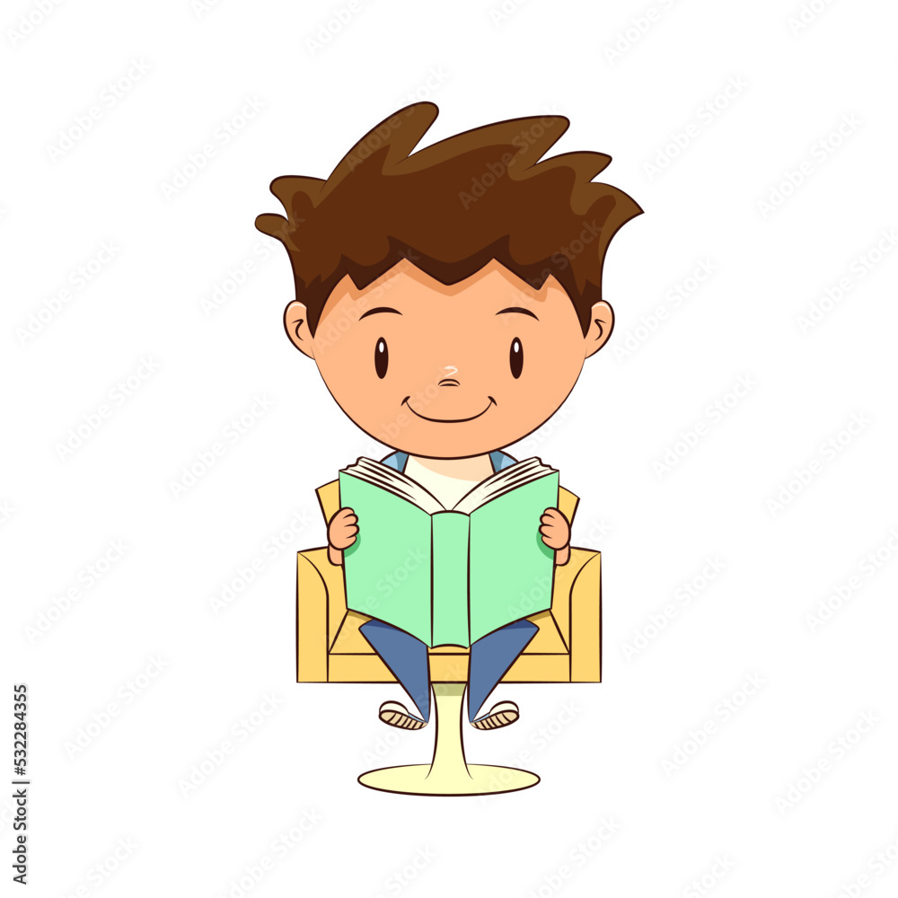 Child reading book sitting on chair 