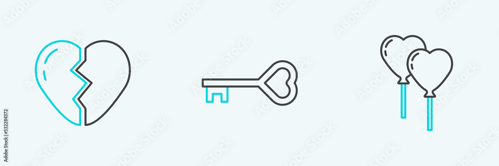 Set line Balloons in form of heart, Broken and Key shape icon. Vector Set line Balloons in form of heart, Broken and Key shape icon. Vector