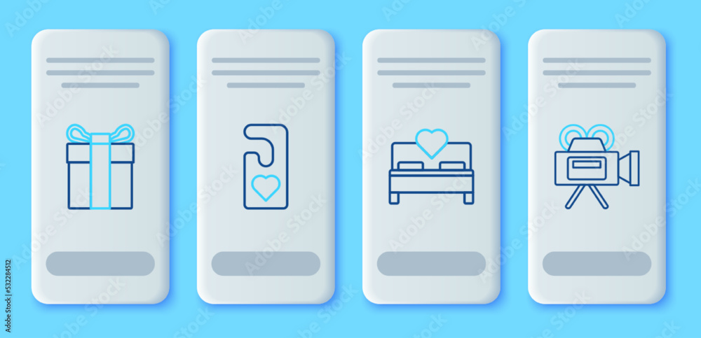 Set line Please do not disturb with heart, Bedroom, Gift box and Cinema camera icon. Vector Set line Please do not disturb with heart, Bedroom, Gift box and Cinema camera icon. Vector