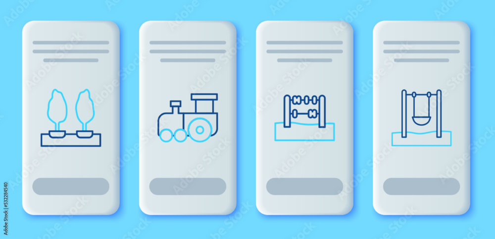 Set line Toy train, Abacus, Forest and Swing icon. Vector Set line Toy train, Abacus, Forest and Swing icon. Vector