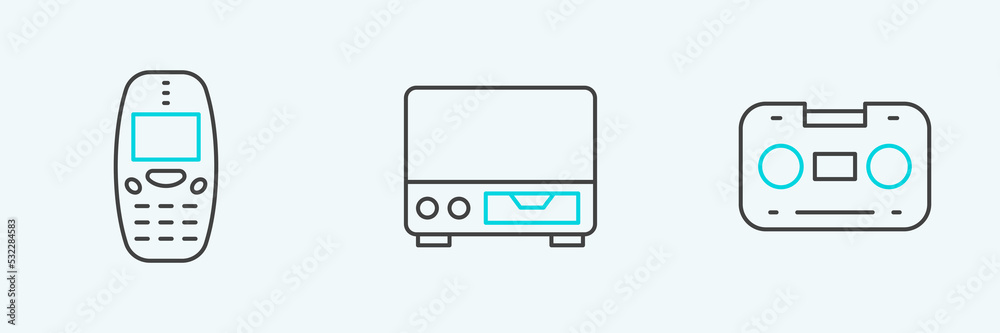 Set line Retro audio cassette tape, Old mobile phone and video player icon. Vector Set line Retro audio cassette tape, Old mobile phone and video player icon. Vector
