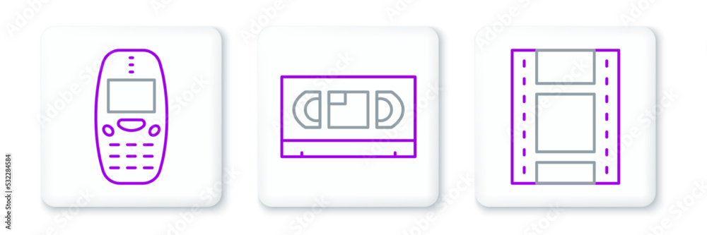Set line Play Video, Old mobile phone and VHS video cassette tape icon. Vector Set line Play Video, Old mobile phone and VHS video cassette tape icon. Vector