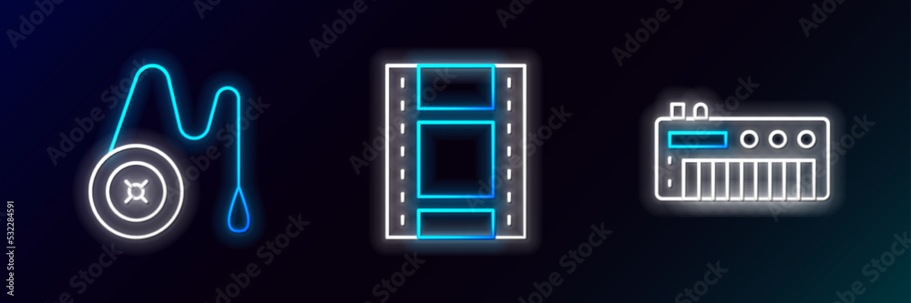 Set line Music synthesizer, Yoyo toy and Play Video icon. Glowing neon. Vector Set line Music synthesizer, Yoyo toy and Play Video icon. Glowing neon. Vector