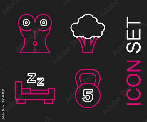 Set line Weight  Time to sleep  Broccoli and Women waist icon. Vector