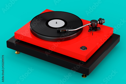 Vinyl record player or DJ turntable with retro vinyl disk on green background.