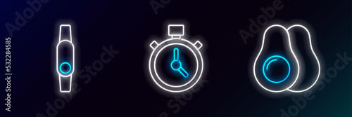 Set line Avocado fruit, Smartwatch and Stopwatch icon. Glowing neon. Vector