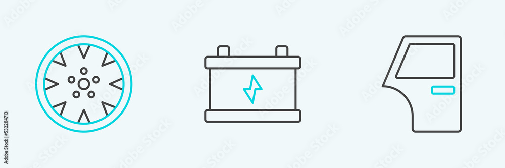 Set line Car door, Alloy wheel and battery icon. Vector Set line Car door, Alloy wheel and battery icon. Vector