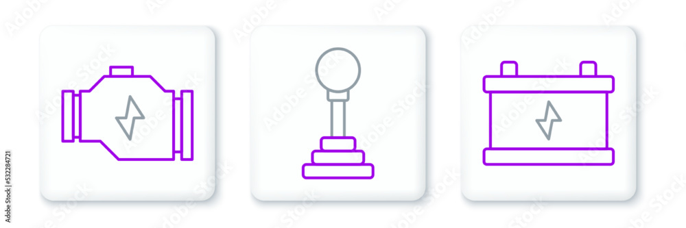 Set line Car battery, Check engine and Gear shifter icon. Vector Set line Car battery, Check engine and Gear shifter icon. Vector