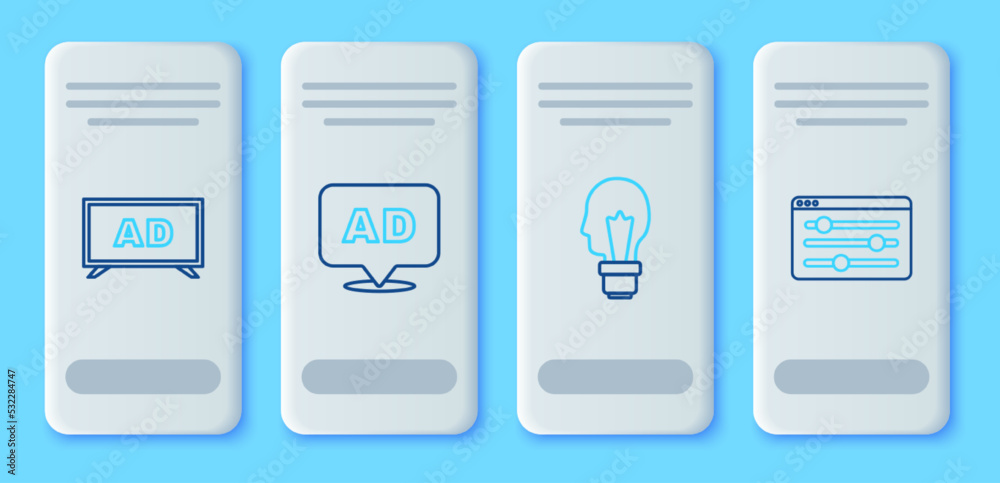 Set line Advertising, Light bulb with concept of idea, and Browser setting icon. Vector