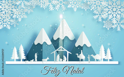 cartão ou banner no feliz Natal representado pelo presépio com animais, três reis magos sobre fundo branco e azul com montanhas e flocos de neve