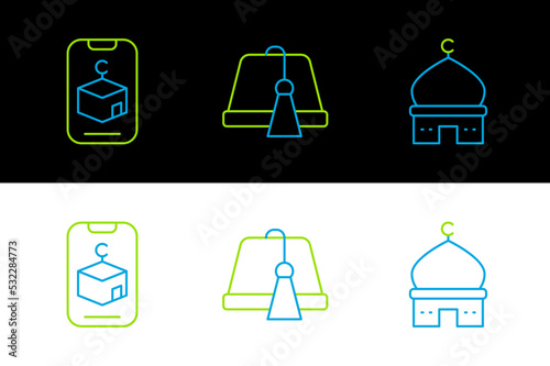 Set line Muslim Mosque, Star and crescent and Turkish hat icon. Vector