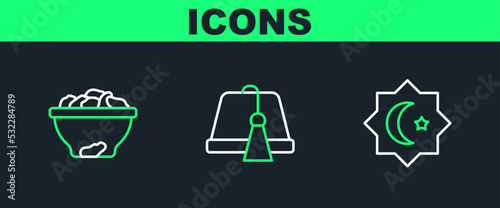 Set line Octagonal star, Date fruit in bowl and Turkish hat icon. Vector