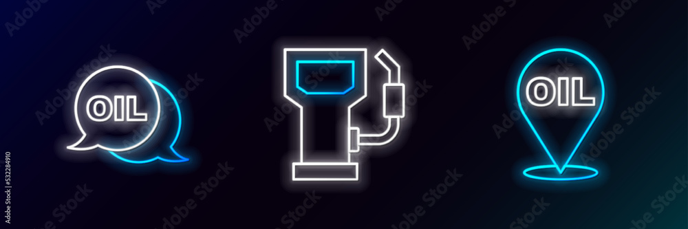 Set line Refill petrol fuel location, Word oil and Petrol gas station icon. Glowing neon. Vector Set line Refill petrol fuel location, Word oil and Petrol gas station icon. Glowing neon. Vector