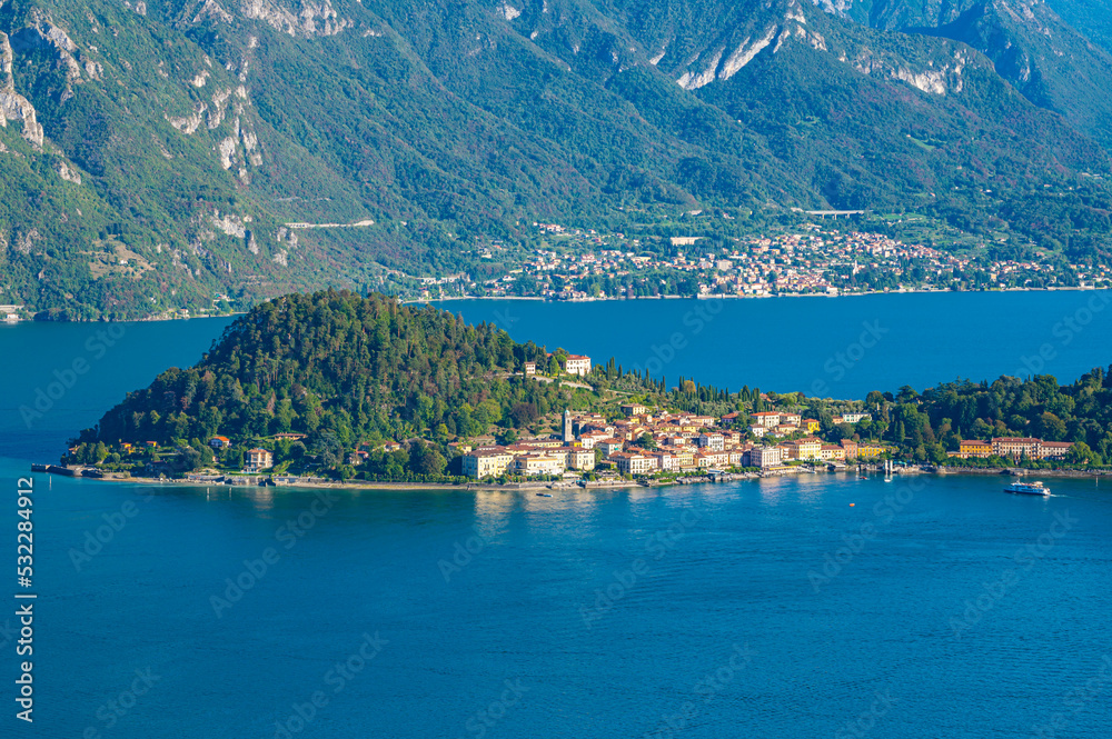The town of Bellagio, on Lake Como, photographed on a summer day.

