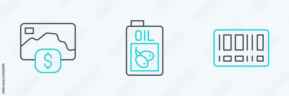 Set line Barcode, Credit card and Bottle of olive oil icon. Vector Set line Barcode, Credit card and Bottle of olive oil icon. Vector