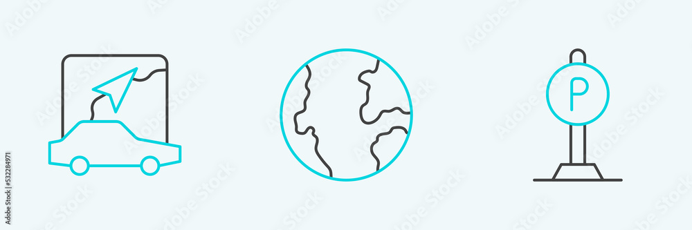 Set line Parking, City map navigation and Earth globe icon. Vector