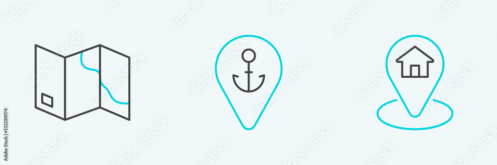 Set line Location with house, Folded map and anchor icon. Vector Set line Location with house, Folded map and anchor icon. Vector