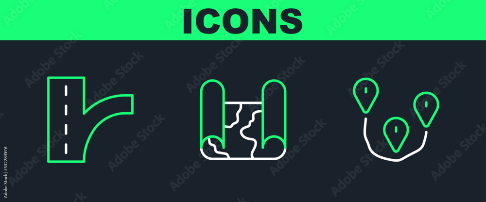 Set line Route location, Road traffic sign and Folded map icon. Vector Set line Route location, Road traffic sign and Folded map icon. Vector