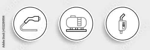 Set line Gasoline pump nozzle, Electrical cable plug charging and Oil tank storage icon. Vector
