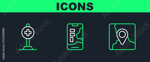 Set line Folded map with location marker, Location cross hospital and City navigation icon. Vector