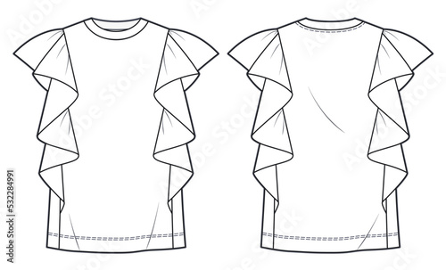Women's Frill sleeves Top fashion flat sketch template. Tee Shirt, Top Technical Fashion Illustration, with frills, round neck, oversize, front and back view, white color, CAD mockup.