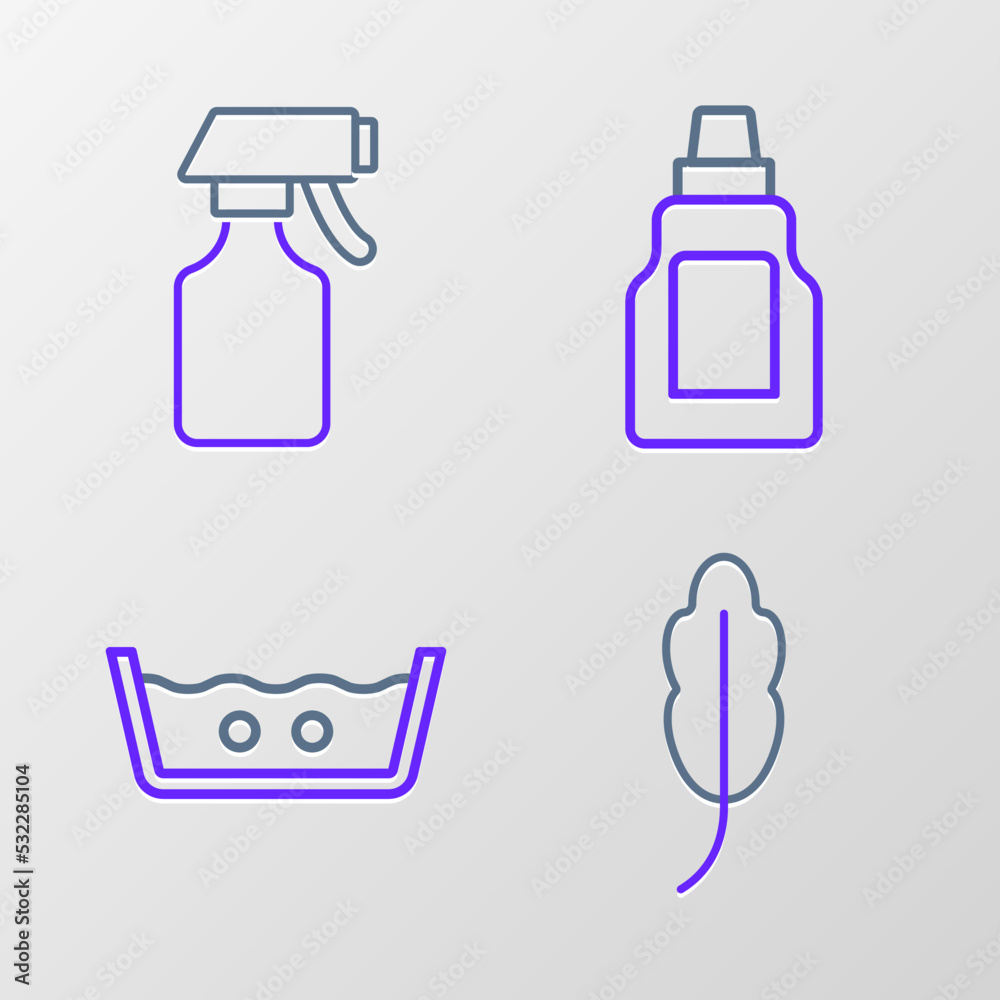 Set line Feather, Temperature wash, Bottle for cleaning agent and Water spray bottle icon. Vector Set line Feather, Temperature wash, Bottle for cleaning agent and Water spray bottle icon. Vector