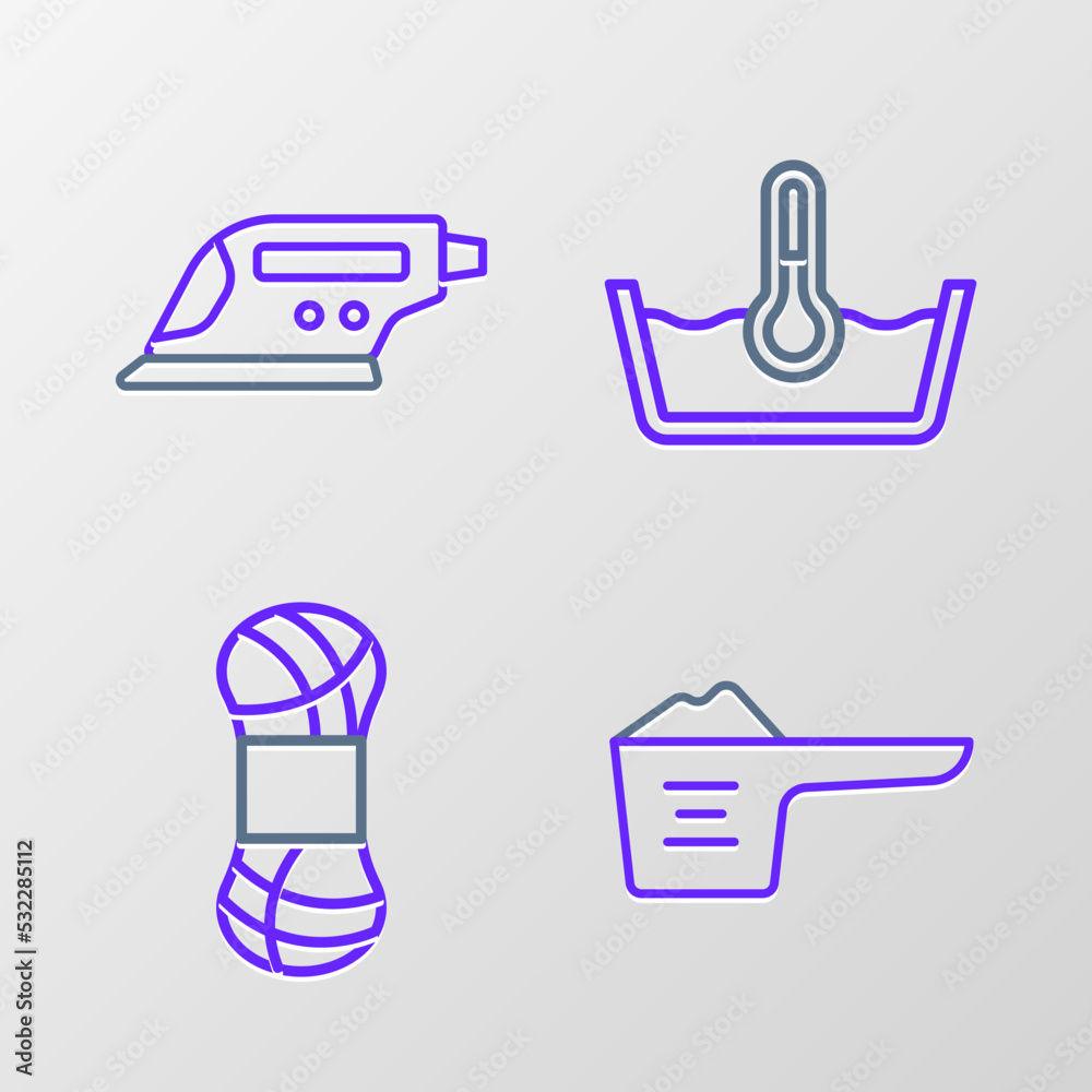 Set line Washing powder, Yarn, Temperature wash and Electric iron icon. Vector Set line Washing powder, Yarn, Temperature wash and Electric iron icon. Vector