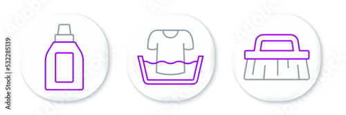 Set line Brush for cleaning, Bottle agent and Basin with shirt icon. Vector
