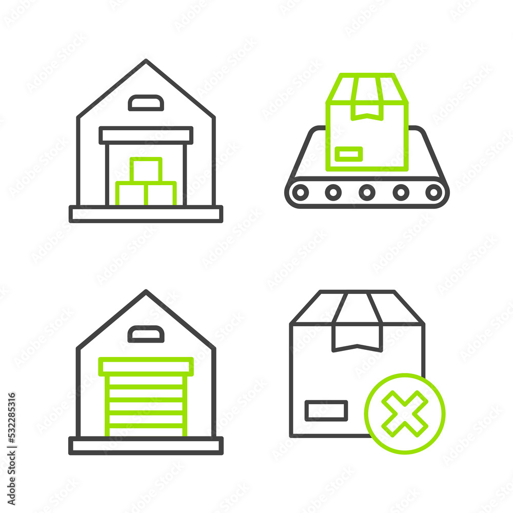 Set line Carton cardboard box, Warehouse, Conveyor belt with and icon. Vector