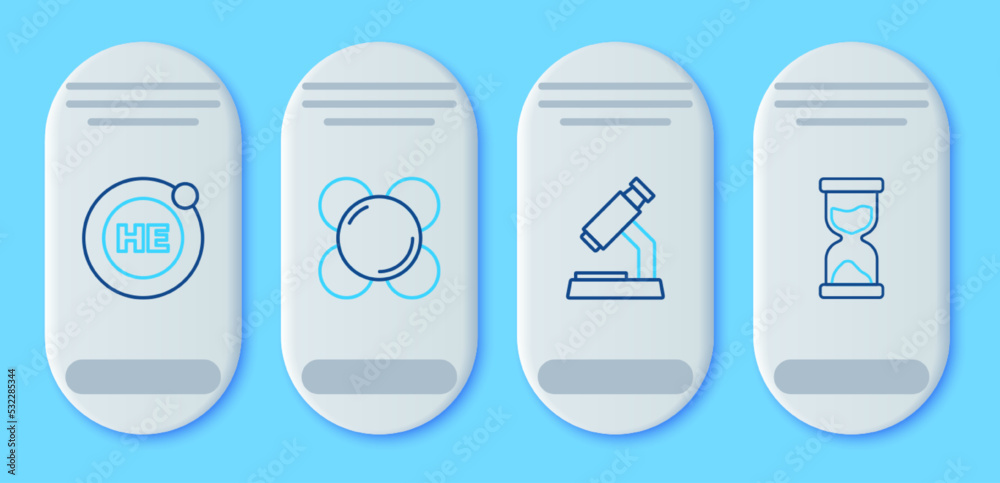 Set line Molecule, Microscope, Helium and Old hourglass icon. Vector Set line Molecule, Microscope, Helium and Old hourglass icon. Vector