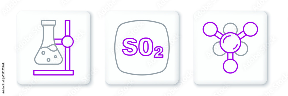 Set line Molecule, Test tube flask on stand and Sulfur dioxide SO2 icon. Vector Set line Molecule, Test tube flask on stand and Sulfur dioxide SO2 icon. Vector